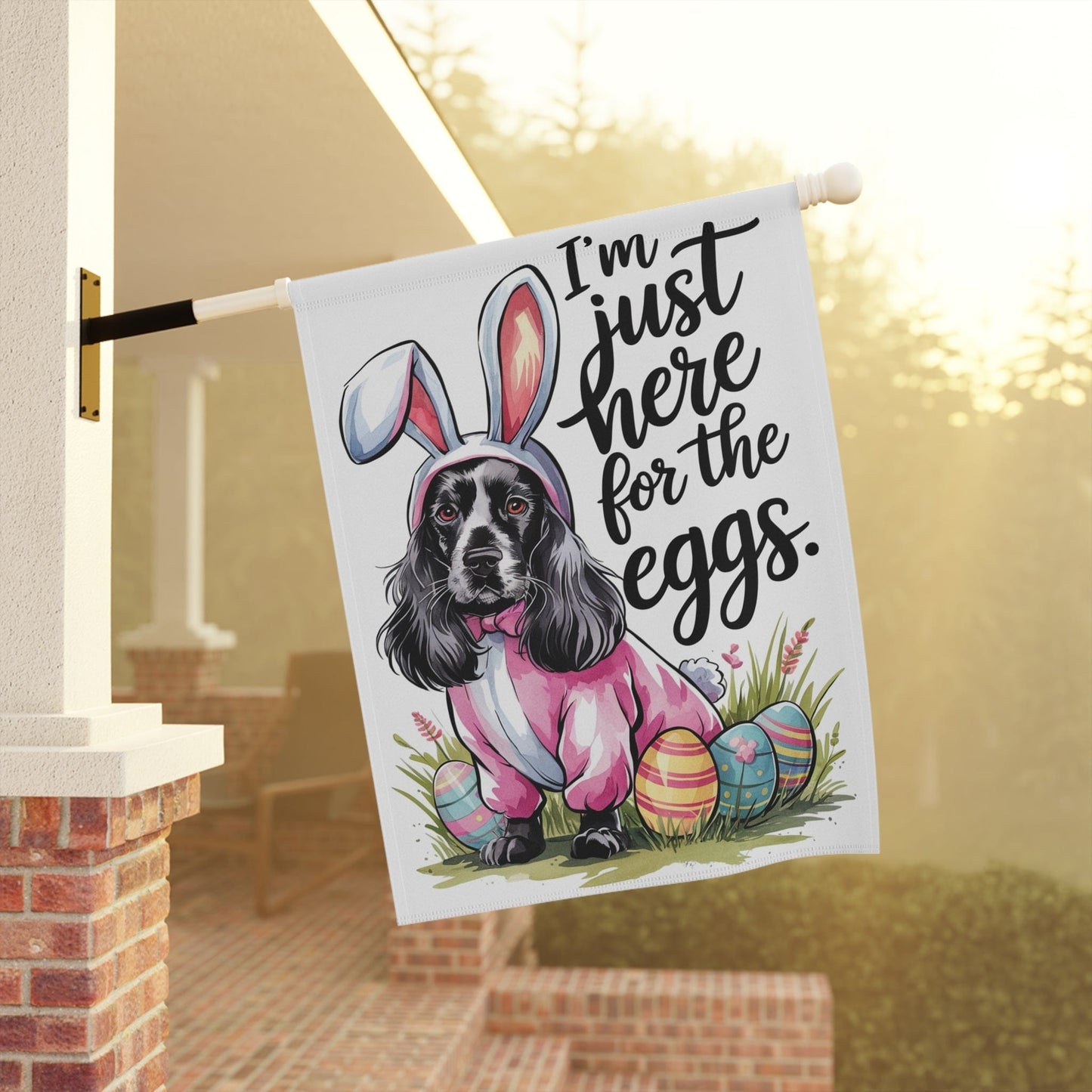 Printify Home Decor Easter Black Cocker Spaniel in Bunny Costume Yard Flag, Rabbit Illustration Funny Garden Flag