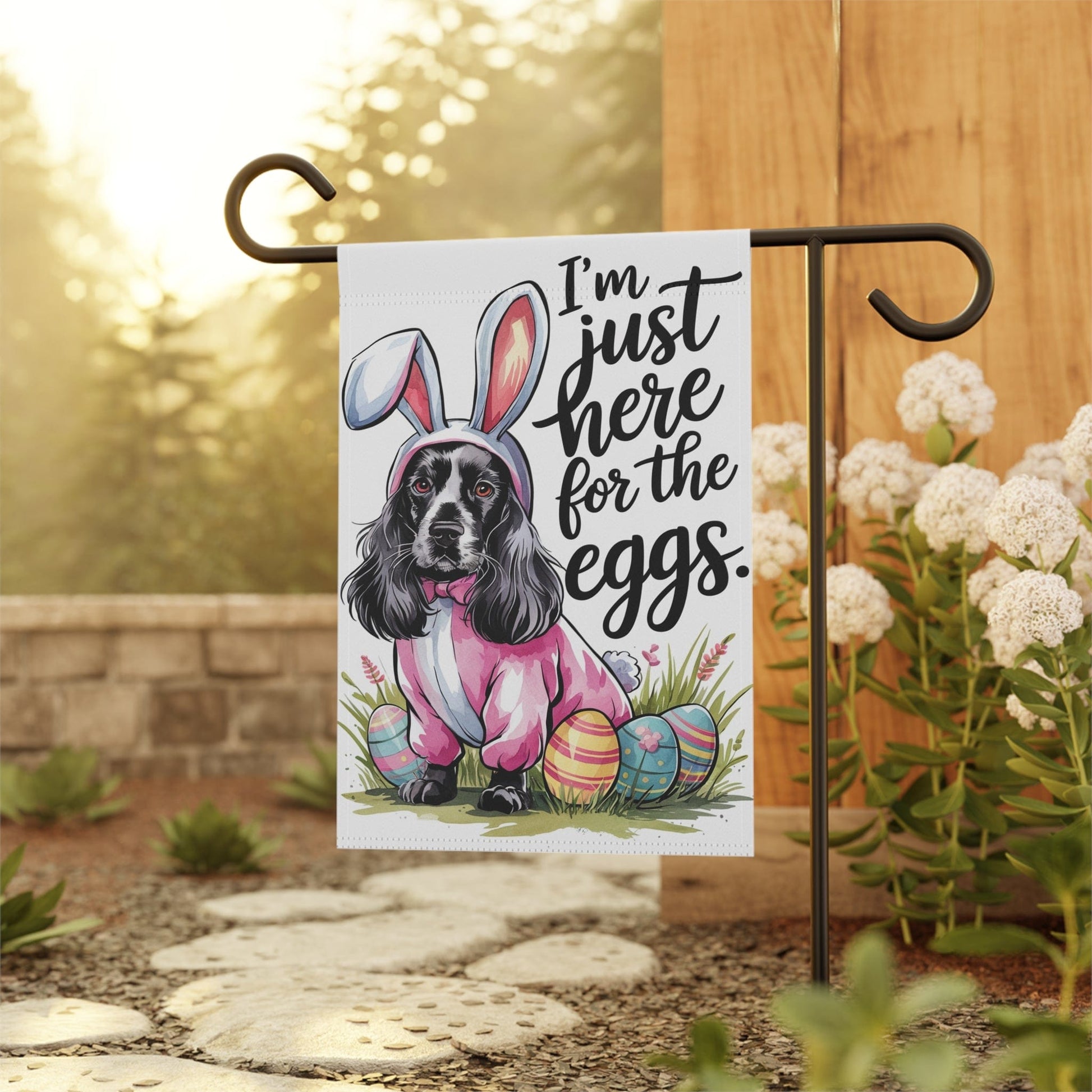 Printify Home Decor Easter Black Cocker Spaniel in Bunny Costume Yard Flag, Rabbit Illustration Funny Garden Flag