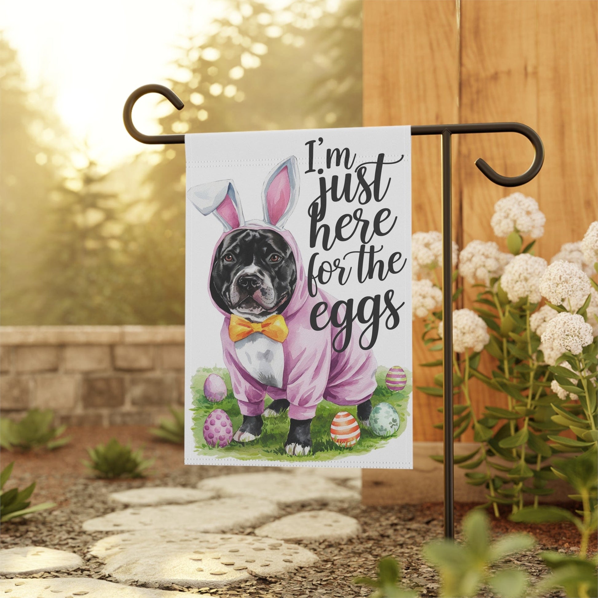Printify Home Decor Easter Black Pit Bull Garden Flag, Front Yard Spring Decor, Housewarming Gift, Dog Mom