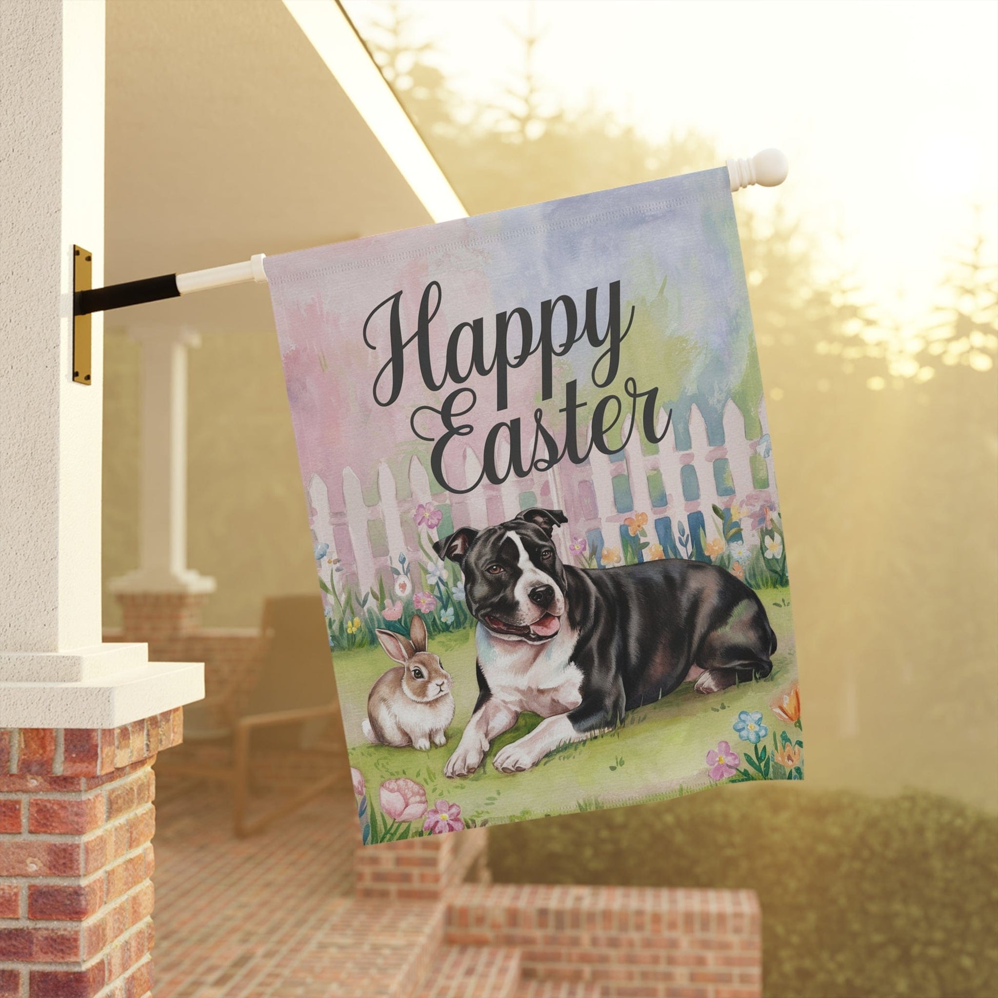 Printify Home Decor Easter Black Staffordshire Terrier Garden Flag, Spring Front Yard decor, Housewarming Gift