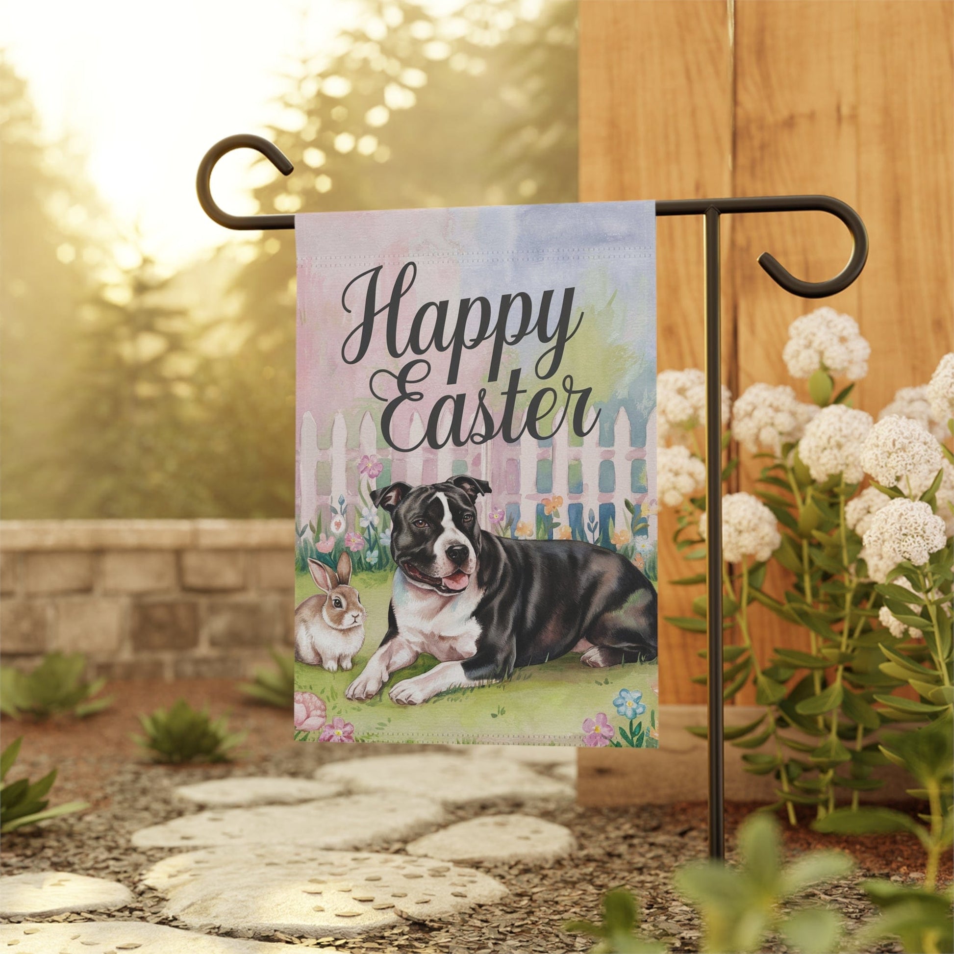 Printify Home Decor Easter Black Staffordshire Terrier Garden Flag, Spring Front Yard decor, Housewarming Gift
