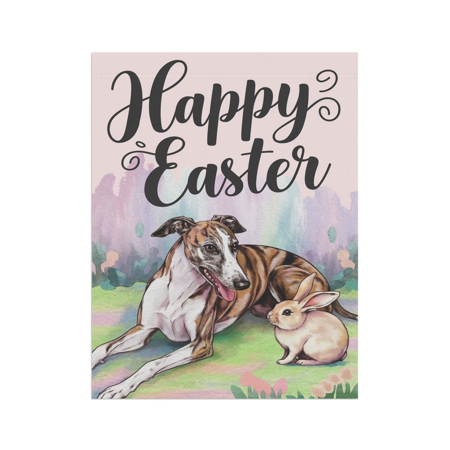 Printify Home Decor Easter Brindle Greyhound and Bunny Rabbit, Watercolor Spring Scene garden flag