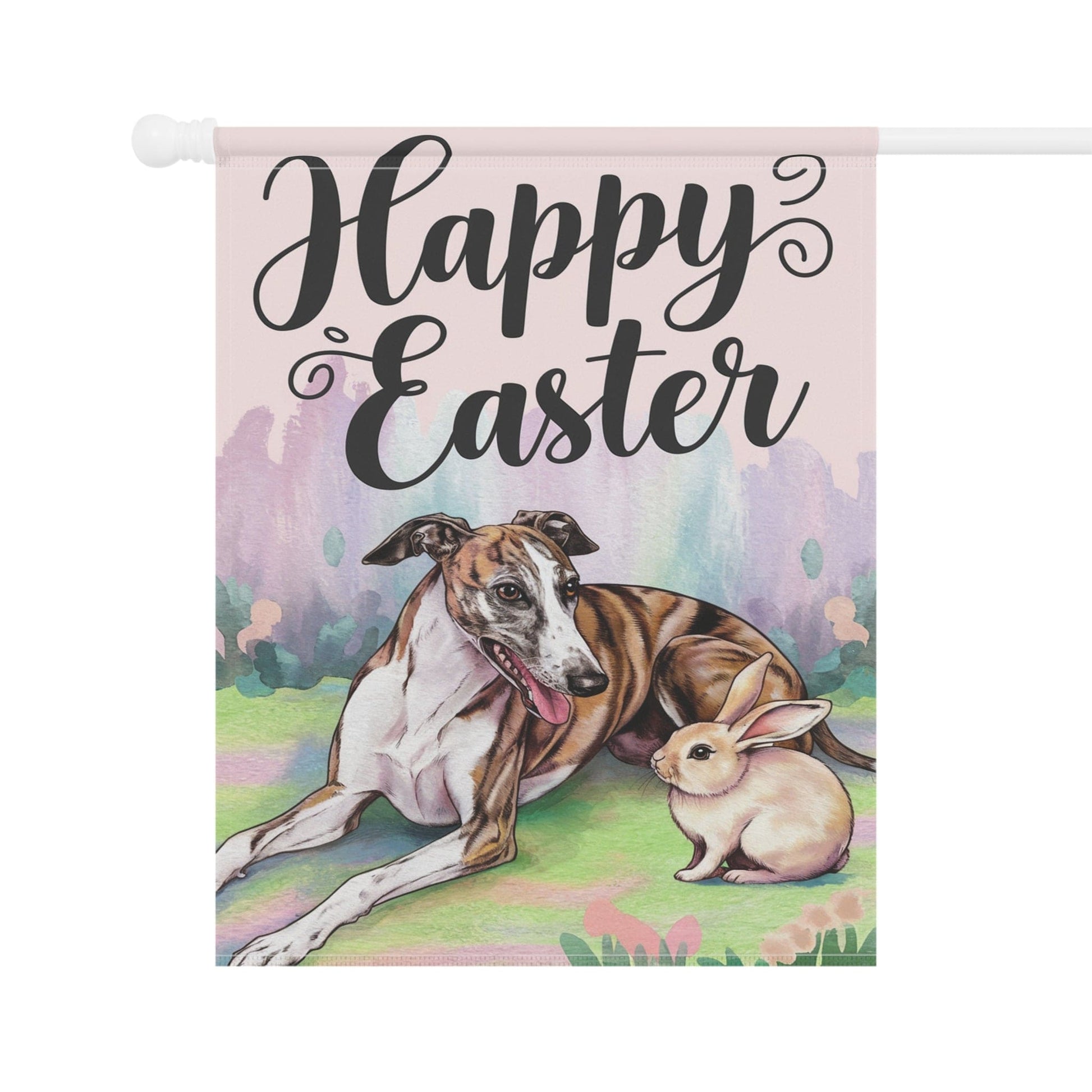 Printify Home Decor Easter Brindle Greyhound and Bunny Rabbit, Watercolor Spring Scene garden flag