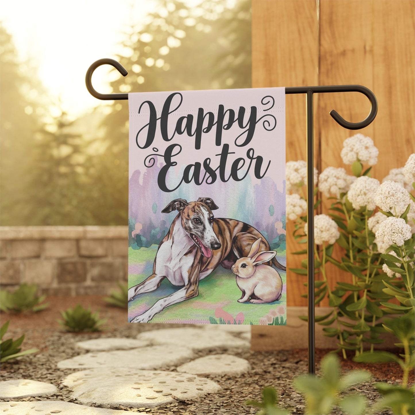 Printify Home Decor Easter Brindle Greyhound and Bunny Rabbit, Watercolor Spring Scene garden flag