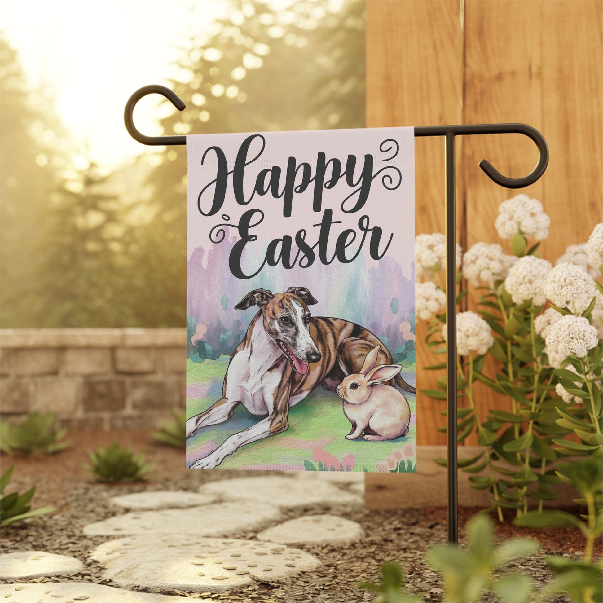 Printify Home Decor Easter Brindle Greyhound and Bunny Rabbit, Watercolor Spring Scene garden flag