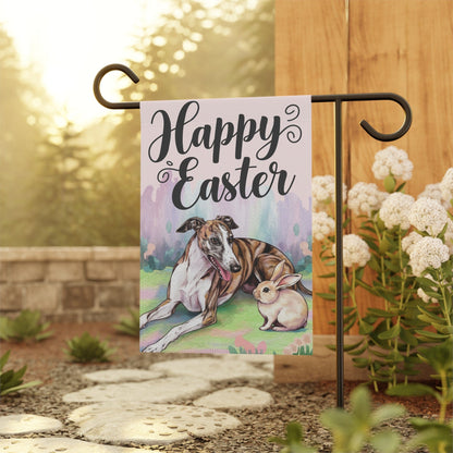 Printify Home Decor Easter Brindle Greyhound and Bunny Rabbit, Watercolor Spring Scene garden flag