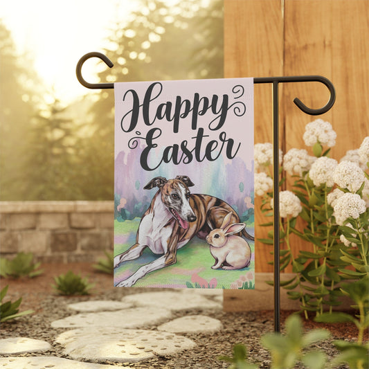 Printify Home Decor Easter Brindle Greyhound and Bunny Rabbit, Watercolor Spring Scene garden flag