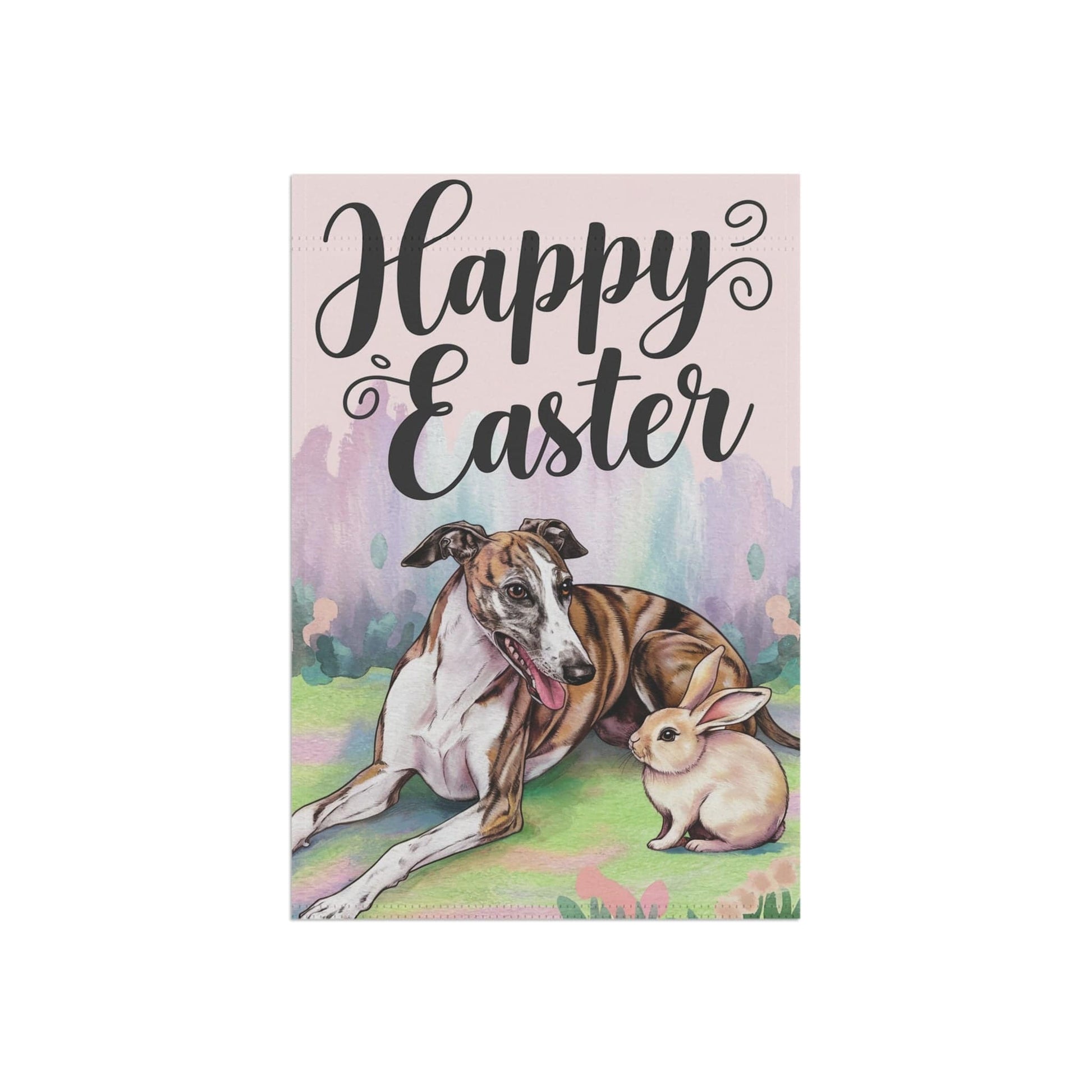 Printify Home Decor Easter Brindle Greyhound and Bunny Rabbit, Watercolor Spring Scene garden flag