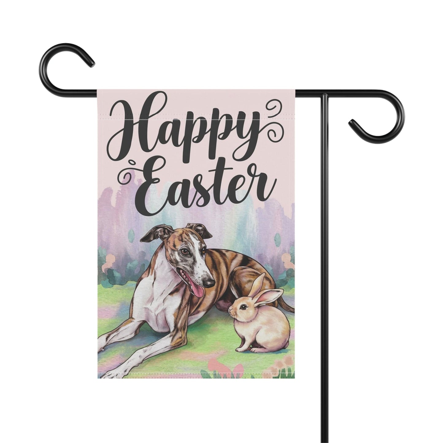 Printify Home Decor Easter Brindle Greyhound and Bunny Rabbit, Watercolor Spring Scene garden flag