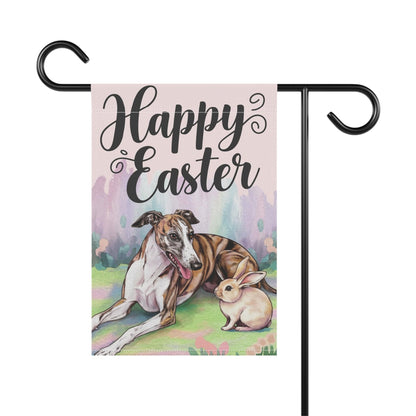 Printify Home Decor Easter Brindle Greyhound and Bunny Rabbit, Watercolor Spring Scene garden flag