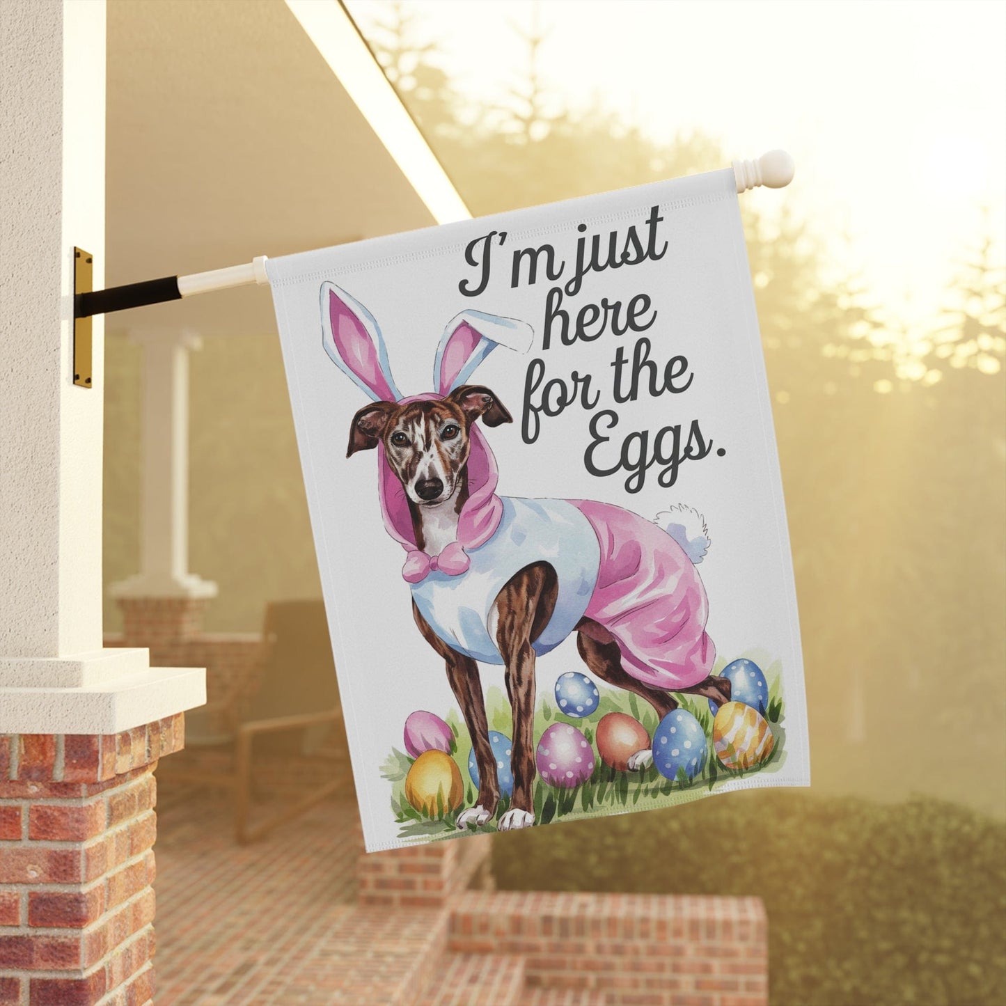 Printify Home Decor Easter Brindle Greyhound Yard Flag, Holiday garden flag, front yard decor, Gardener Gift