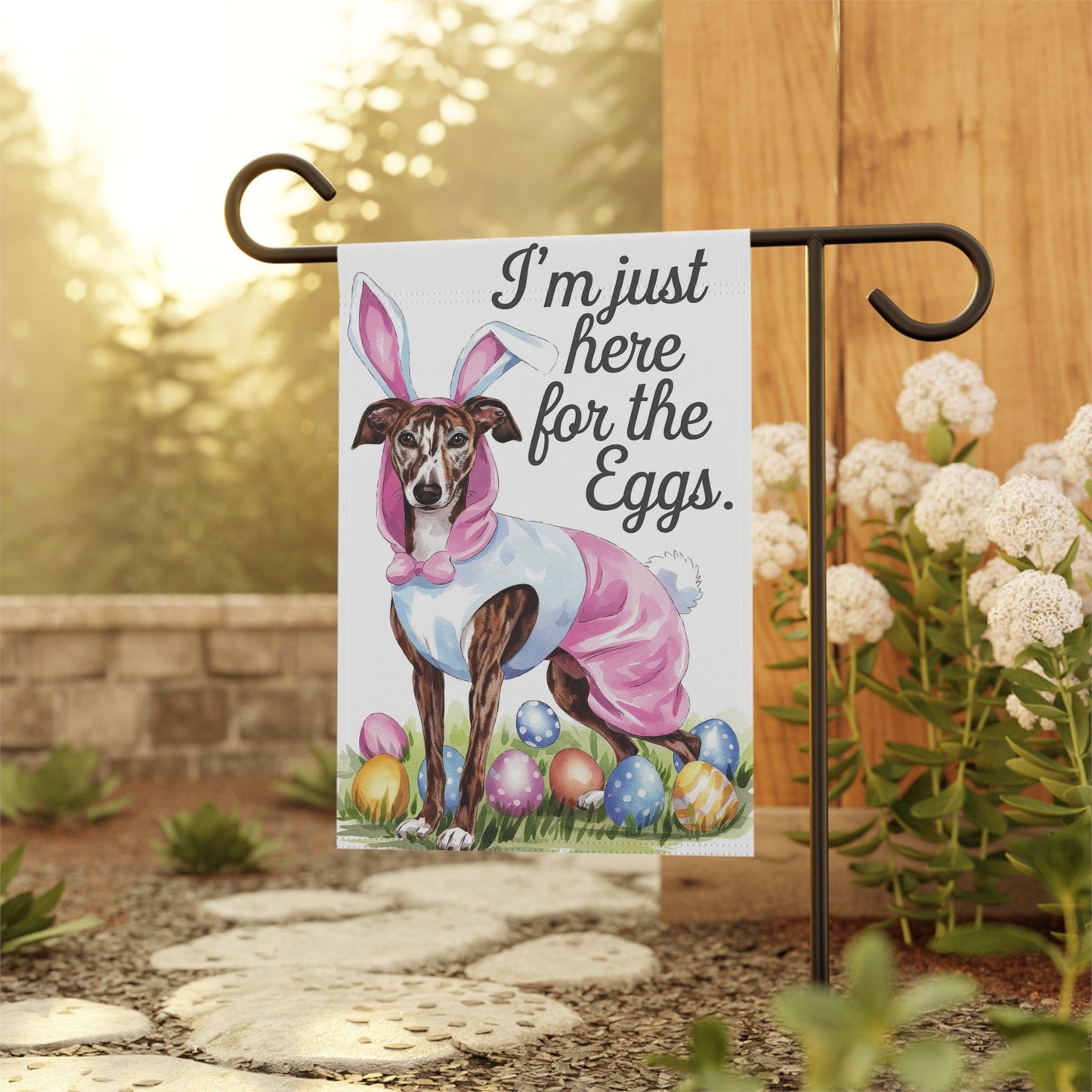 Printify Home Decor Easter Brindle Greyhound Yard Flag, Holiday garden flag, front yard decor, Gardener Gift