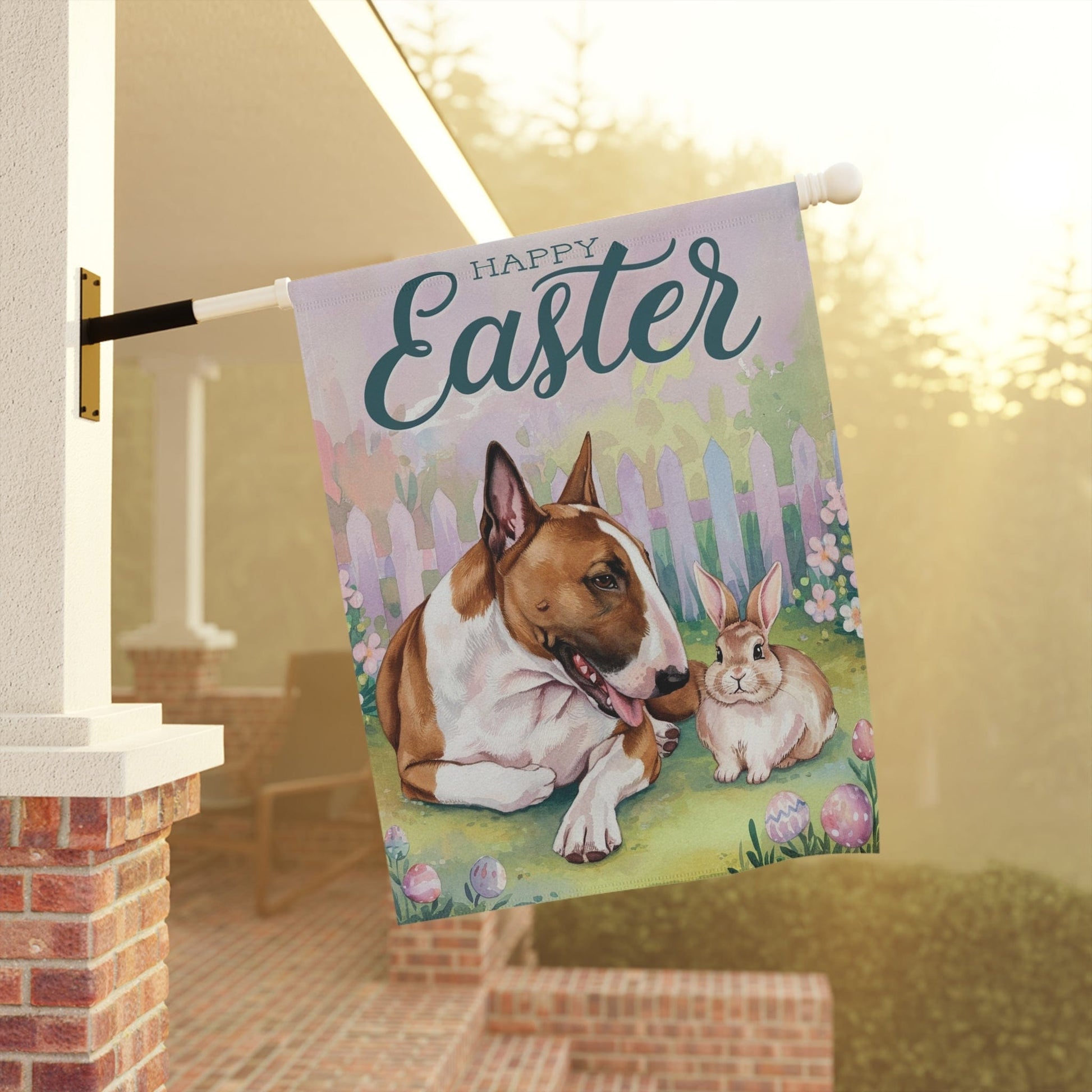 Printify Home Decor Easter Brown Bull Terrier Garden Flag, Front Yard Spring Decor, Gardener Gift