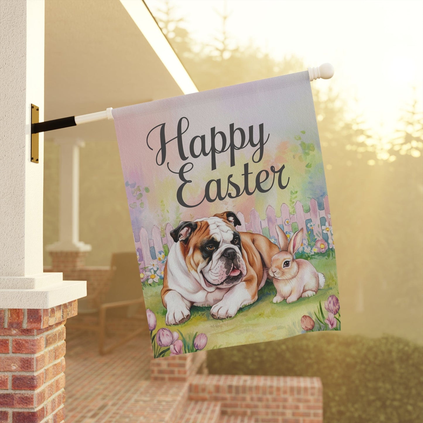 Printify Home Decor Easter Brown English Bulldog Garden Flag, Spring Garden Front Yard Decor, Housewarming Gift