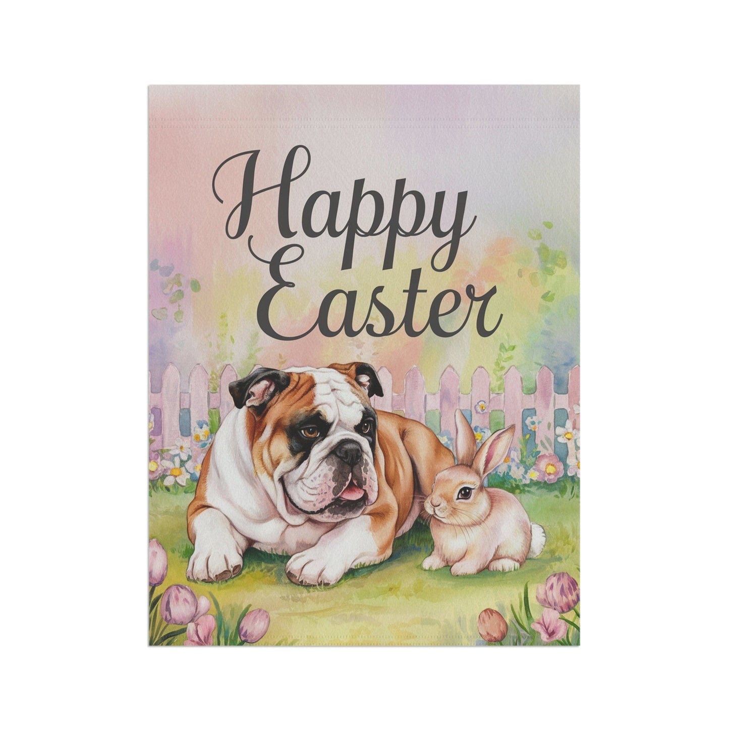 Printify Home Decor Easter Brown English Bulldog Garden Flag, Spring Garden Front Yard Decor, Housewarming Gift