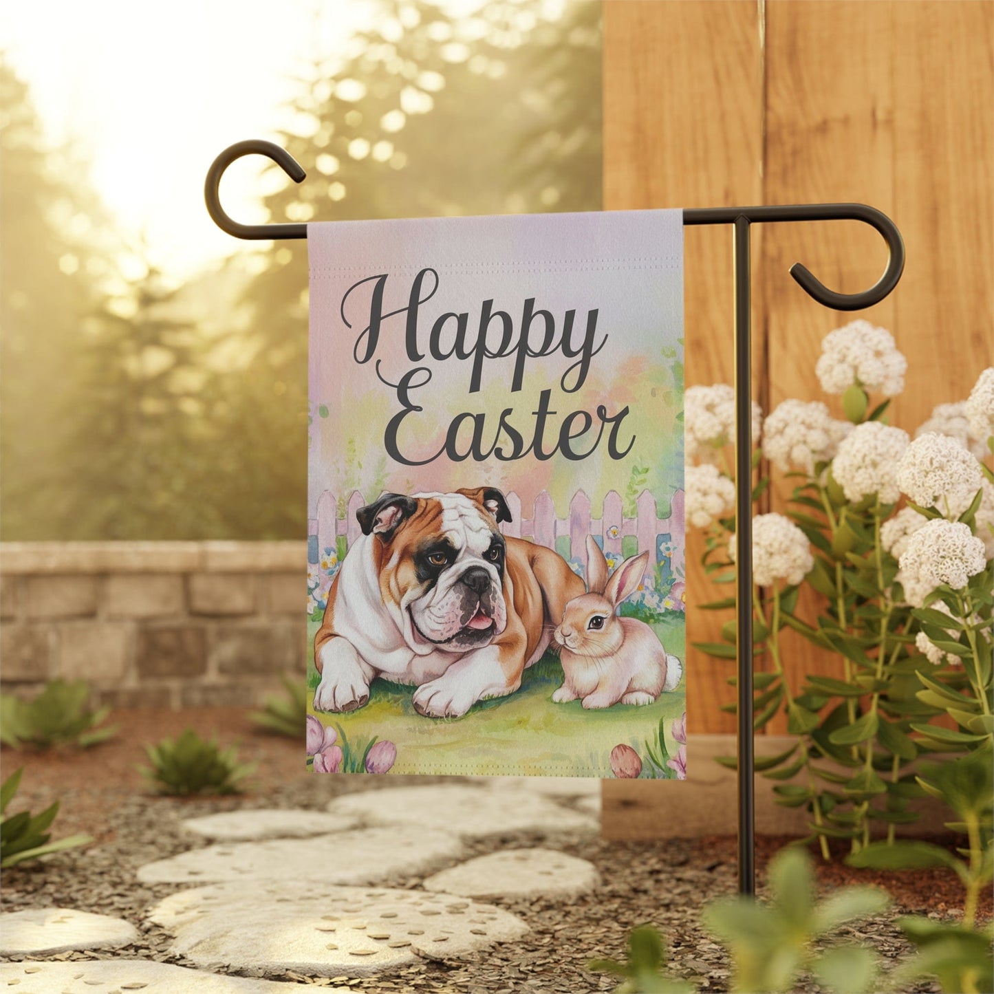 Printify Home Decor Easter Brown English Bulldog Garden Flag, Spring Garden Front Yard Decor, Housewarming Gift