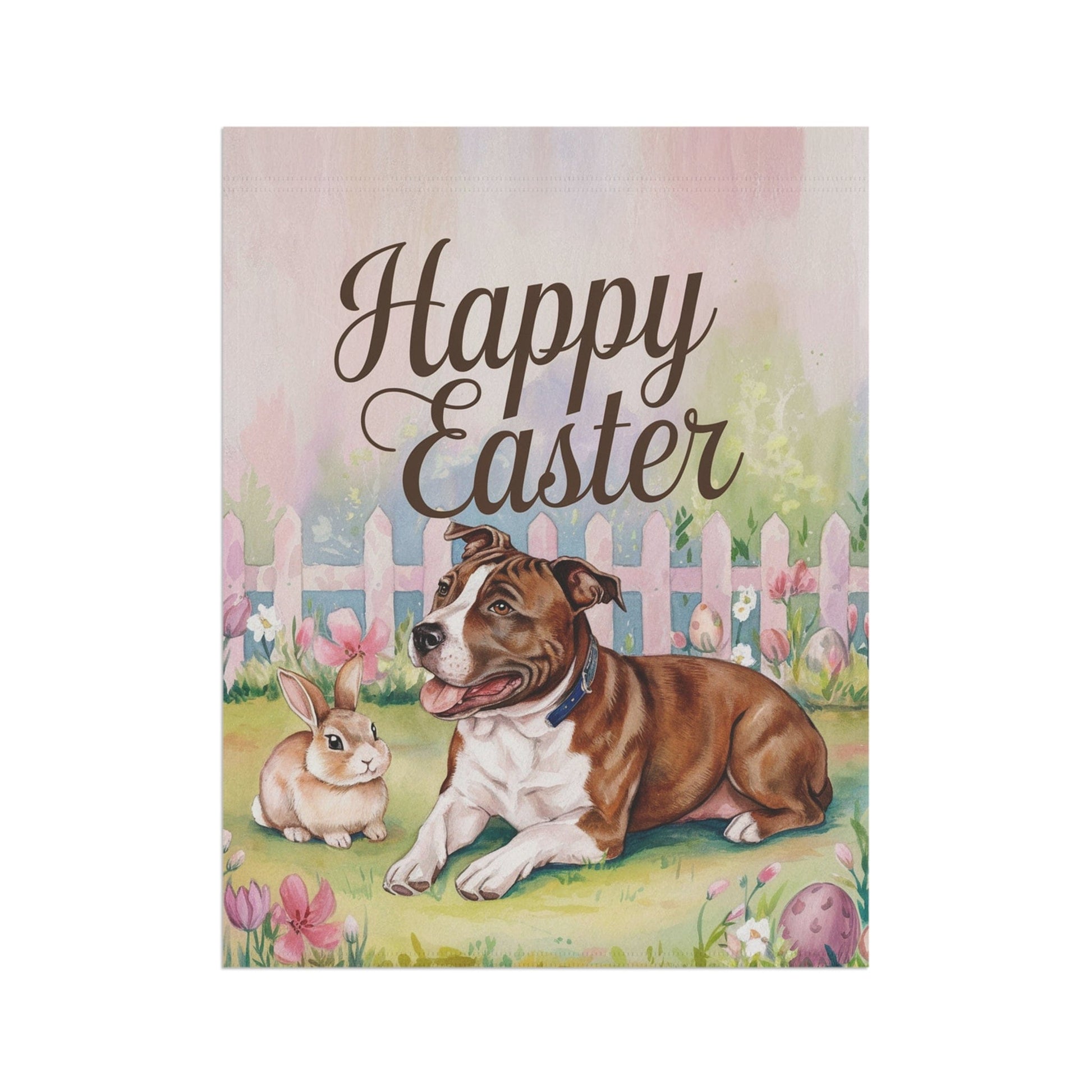 Printify Home Decor Easter Brown Staffordshire Terrier Garden Flag, Spring Yard Art, Gardener Housewarming Gift