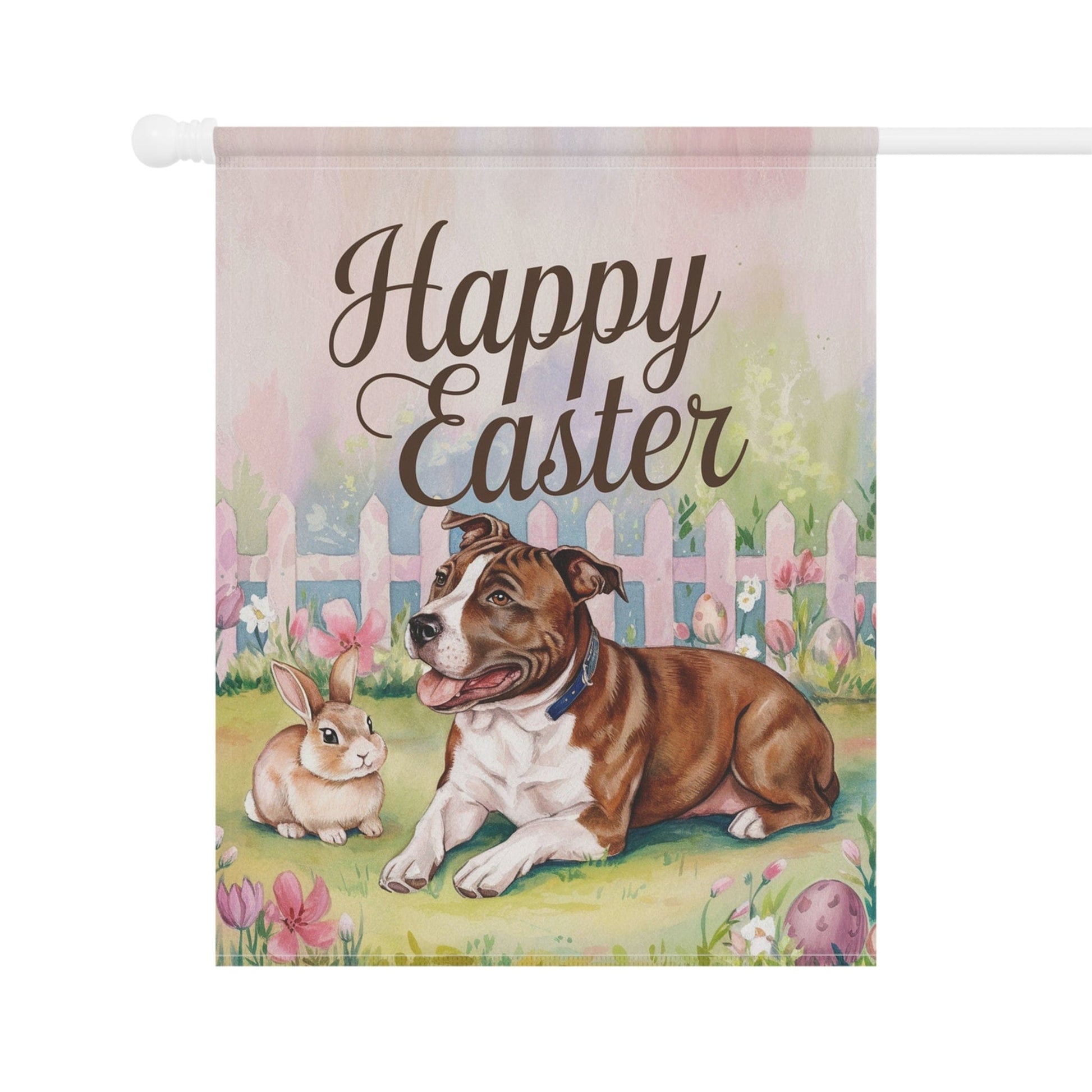 Printify Home Decor Easter Brown Staffordshire Terrier Garden Flag, Spring Yard Art, Gardener Housewarming Gift