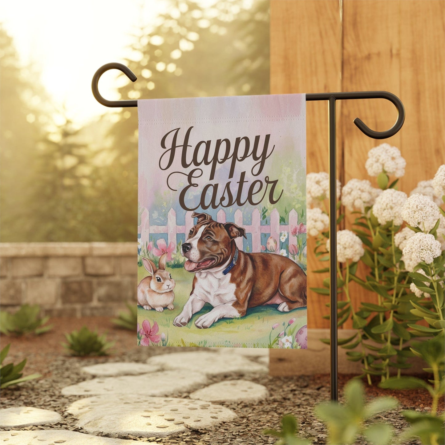 Printify Home Decor Easter Brown Staffordshire Terrier Garden Flag, Spring Yard Art, Gardener Housewarming Gift