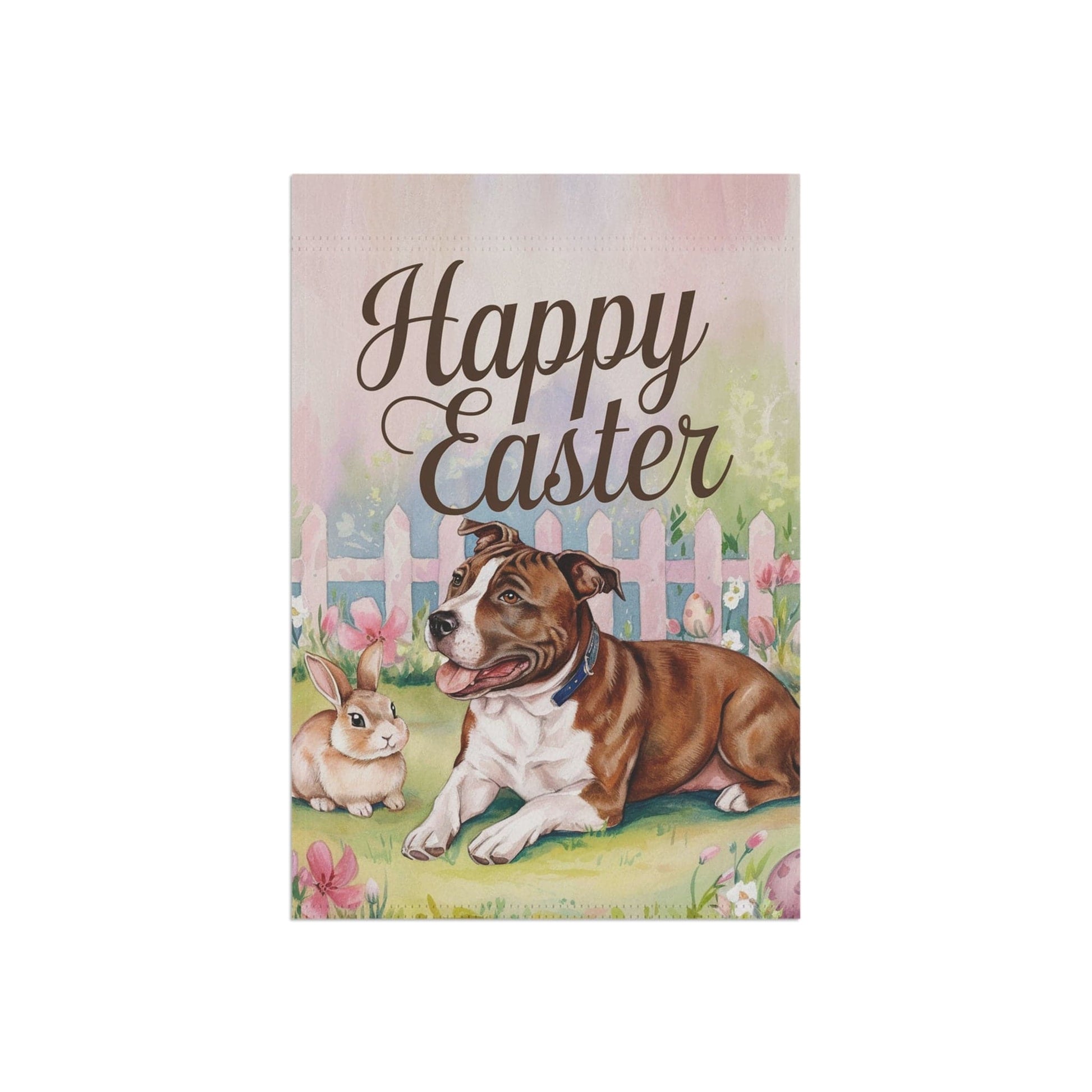 Printify Home Decor Easter Brown Staffordshire Terrier Garden Flag, Spring Yard Art, Gardener Housewarming Gift