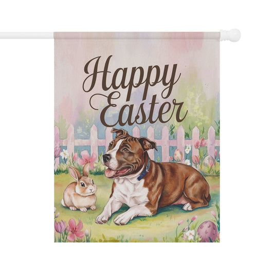 Easter Brown Staffordshire Terrier Garden Flag, Spring Yard Art, Gardener Housewarming Gift 24.5'' × 32''