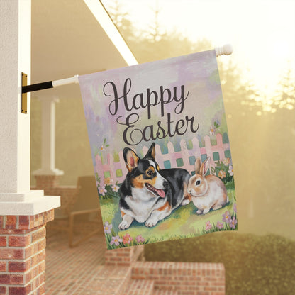 Printify Home Decor Easter Corgi Flag, Pembroke Tricolor and Bunny, Spring Garden Flag