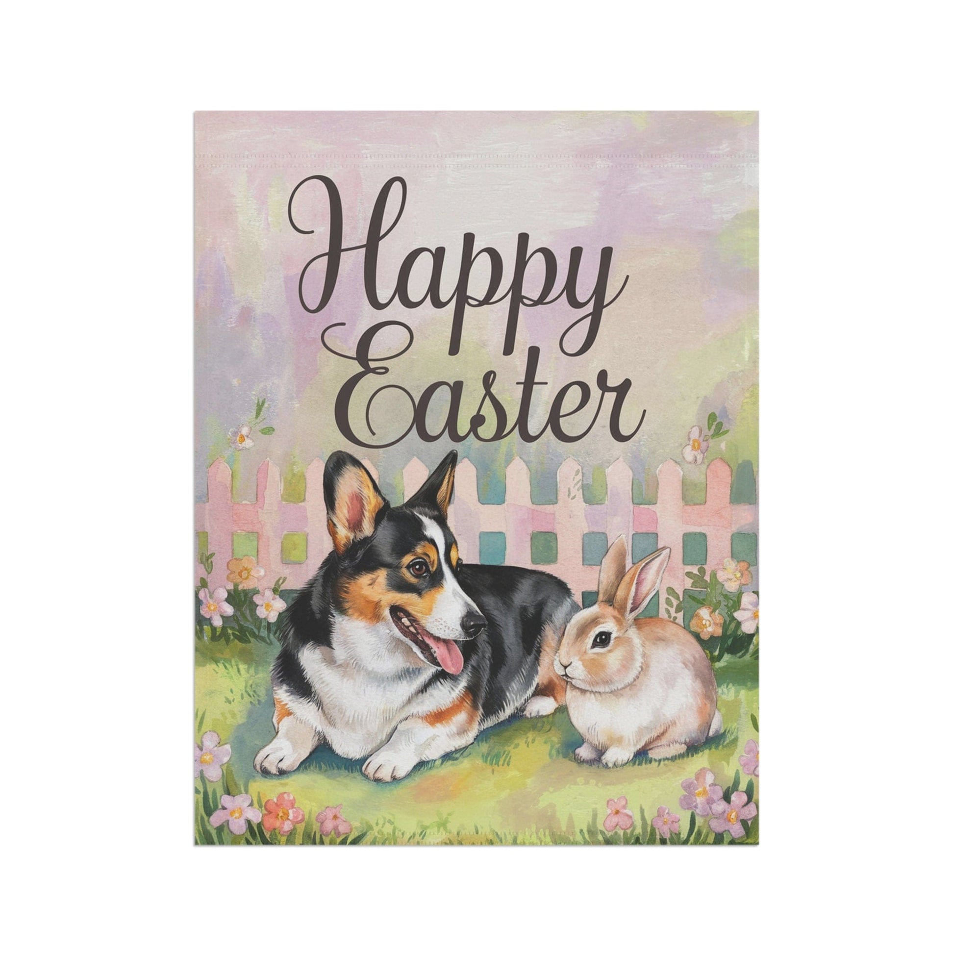 Printify Home Decor Easter Corgi Flag, Pembroke Tricolor and Bunny, Spring Garden Flag