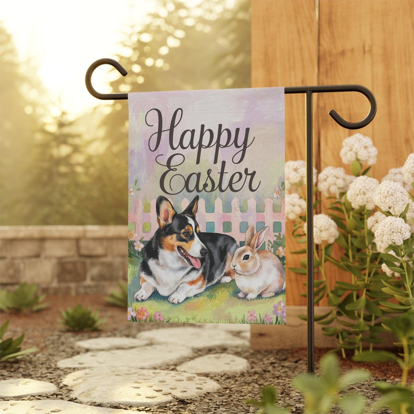 Printify Home Decor Easter Corgi Flag, Pembroke Tricolor and Bunny, Spring Garden Flag