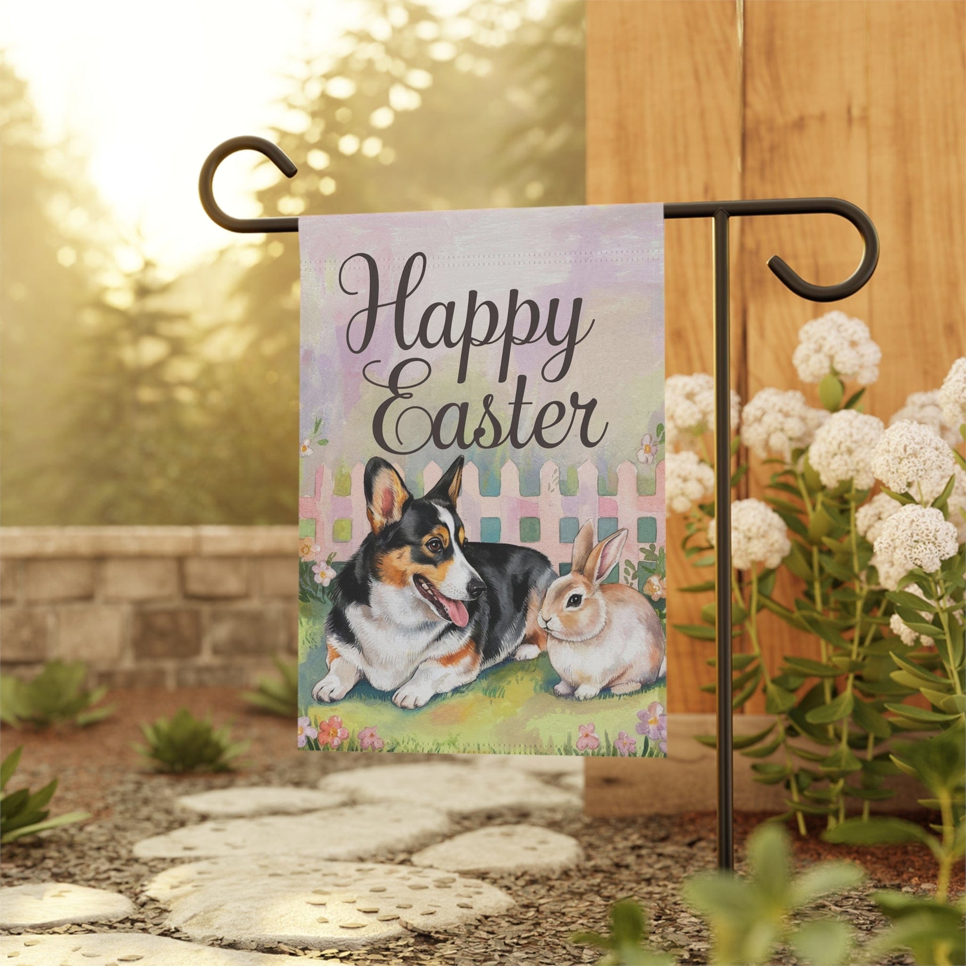 Printify Home Decor Easter Corgi Flag, Pembroke Tricolor and Bunny, Spring Garden Flag