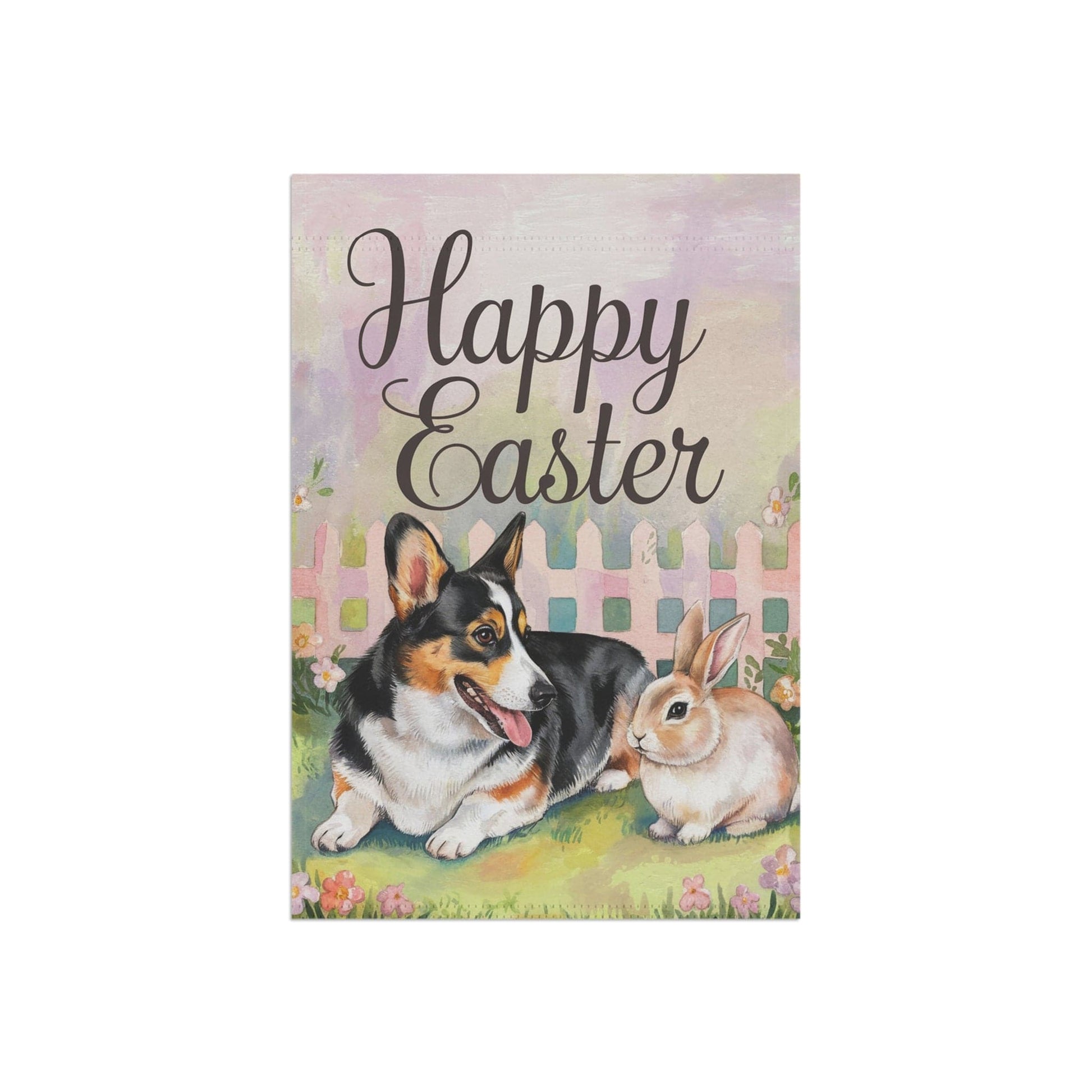 Printify Home Decor Easter Corgi Flag, Pembroke Tricolor and Bunny, Spring Garden Flag