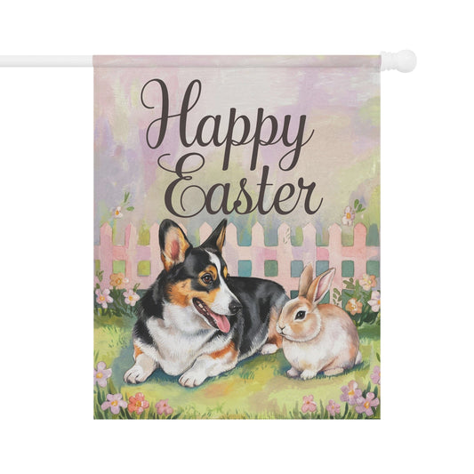 Printify Home Decor 24.5'' × 32'' Easter Corgi Flag, Pembroke Tricolor and Bunny, Spring Garden Flag