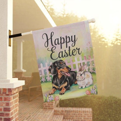 Printify Home Decor Easter Dachshund Black and Tan Dog and Bunny Rabbit, Charming Garden