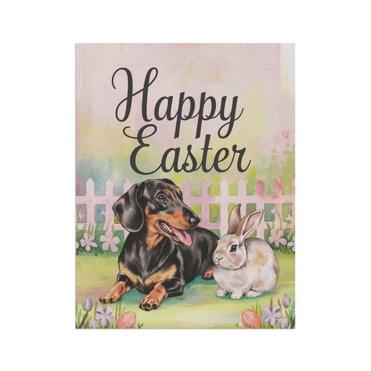 Printify Home Decor Easter Dachshund Black and Tan Dog and Bunny Rabbit, Charming Garden
