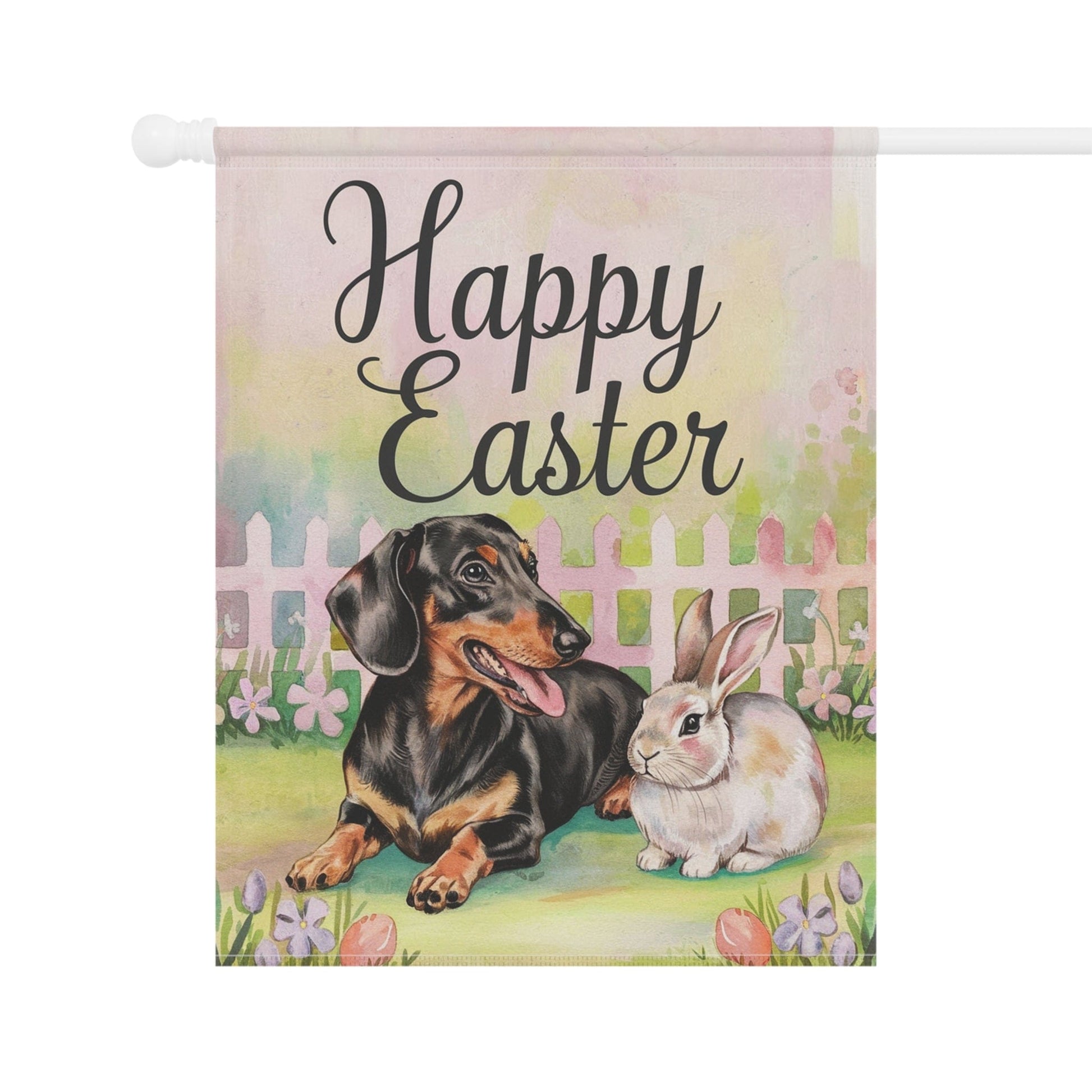 Printify Home Decor Easter Dachshund Black and Tan Dog and Bunny Rabbit, Charming Garden