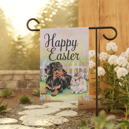 Printify Home Decor Easter Dachshund Black and Tan Dog and Bunny Rabbit, Charming Garden