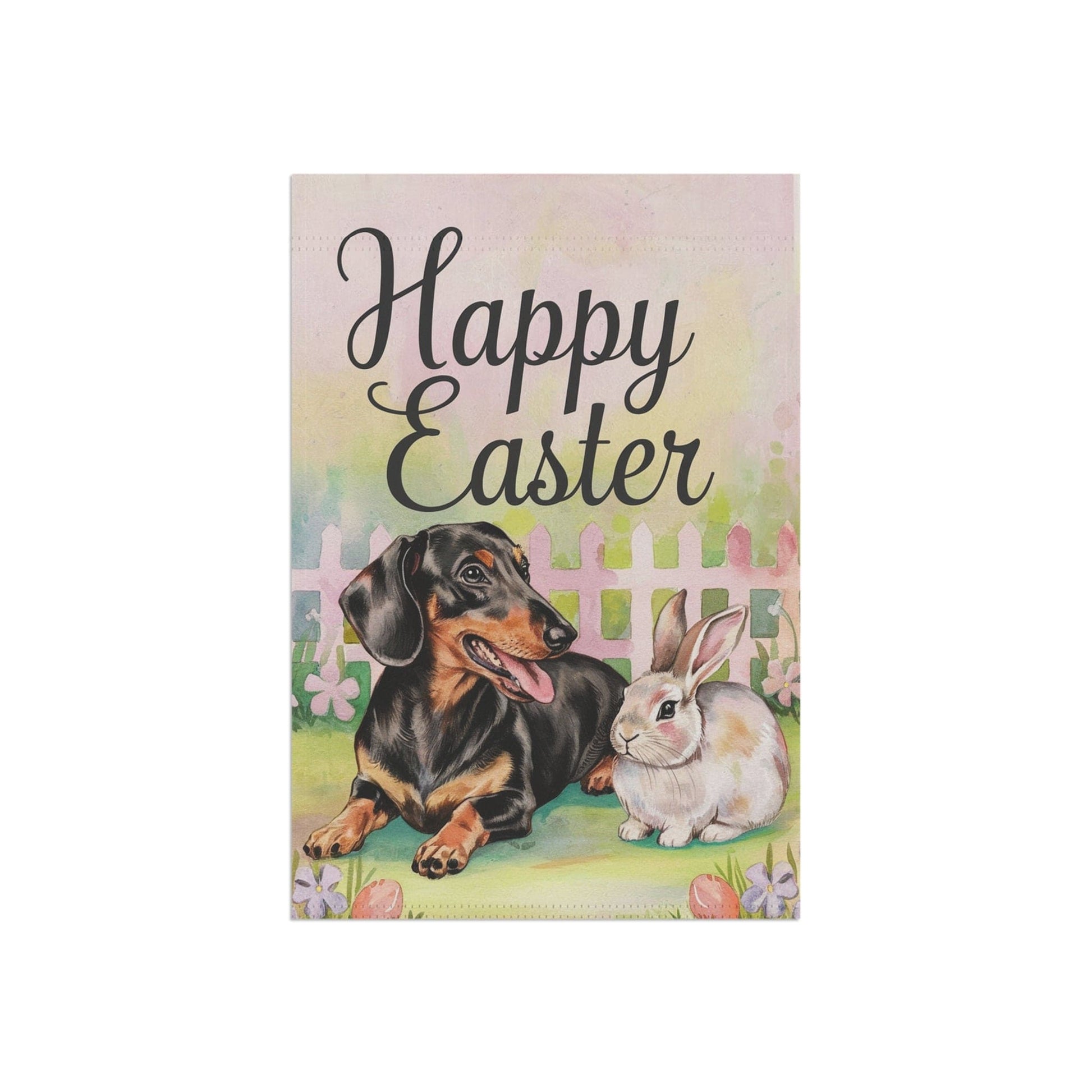 Printify Home Decor Easter Dachshund Black and Tan Dog and Bunny Rabbit, Charming Garden