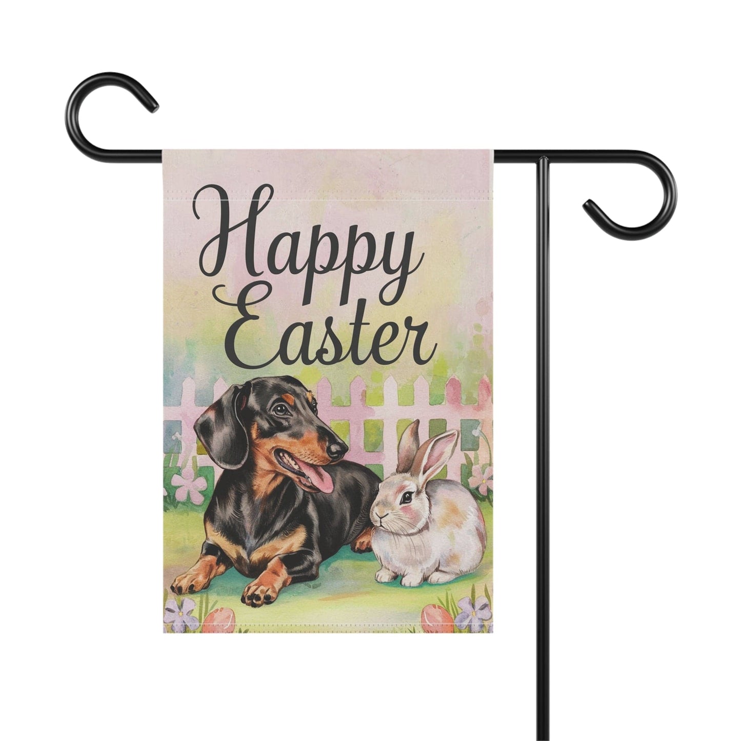 Printify Home Decor Easter Dachshund Black and Tan Dog and Bunny Rabbit, Charming Garden