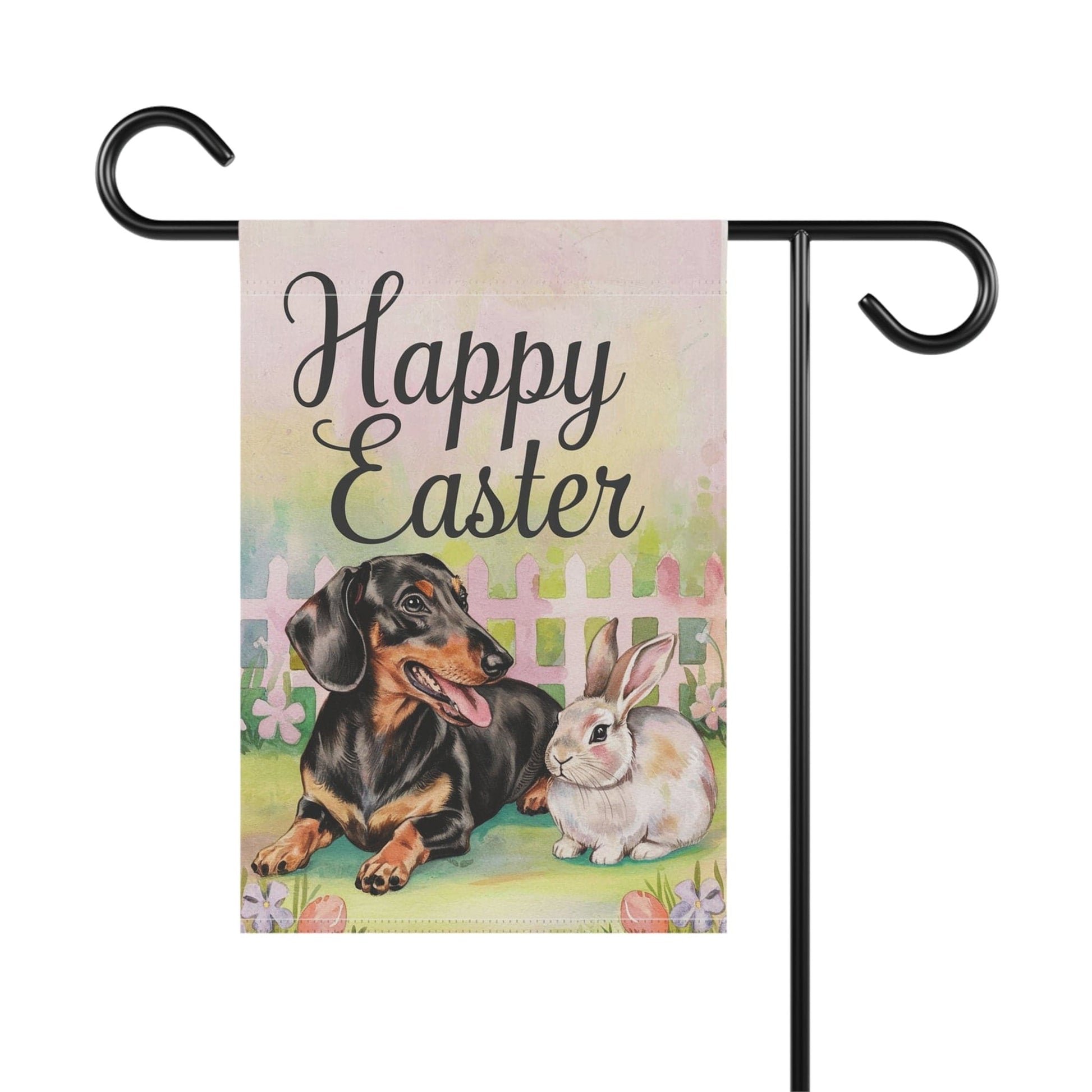 Printify Home Decor Easter Dachshund Black and Tan Dog and Bunny Rabbit, Charming Garden