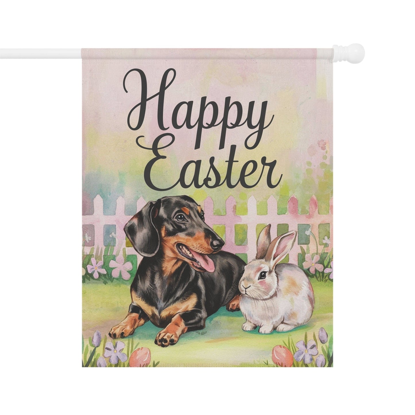 Printify Home Decor 24.5'' × 32'' Easter Dachshund Black and Tan Dog and Bunny Rabbit, Charming Garden