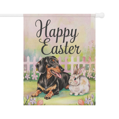 Printify Home Decor 24.5'' × 32'' Easter Dachshund Black and Tan Dog and Bunny Rabbit, Charming Garden