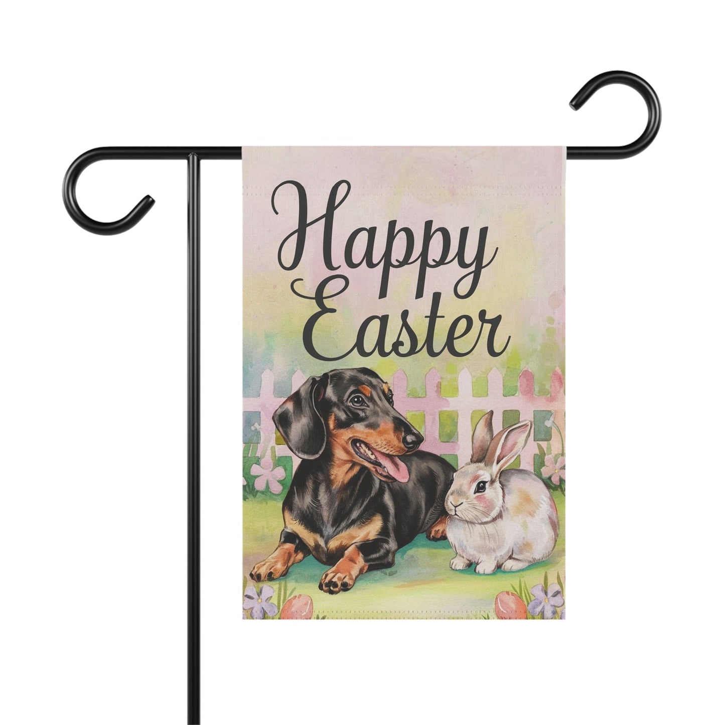Printify Home Decor 12'' × 18'' Easter Dachshund Black and Tan Dog and Bunny Rabbit, Charming Garden