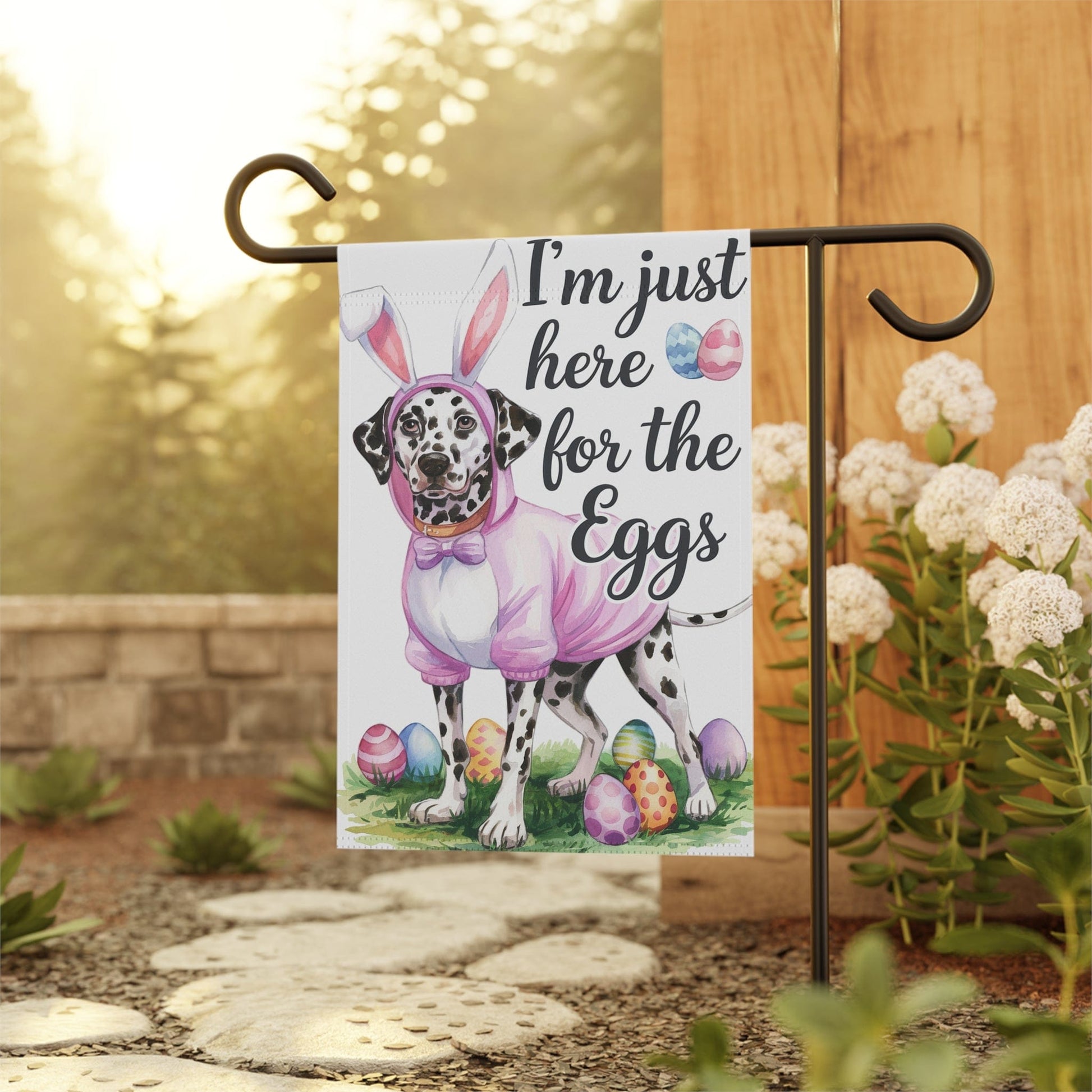 Printify Home Decor Easter Dalmatian Yard Flag, Bunny Rabbit Dog, Watercolor Humorous Holiday Funny Garden Flag