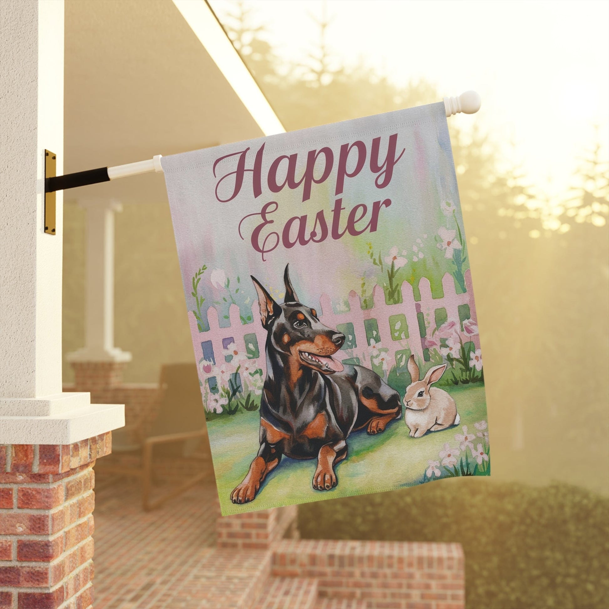 Printify Home Decor Easter Doberman Garden Flag, Spring Gift for Gardener, Front Yard Floral Decor, Housewarming Gift