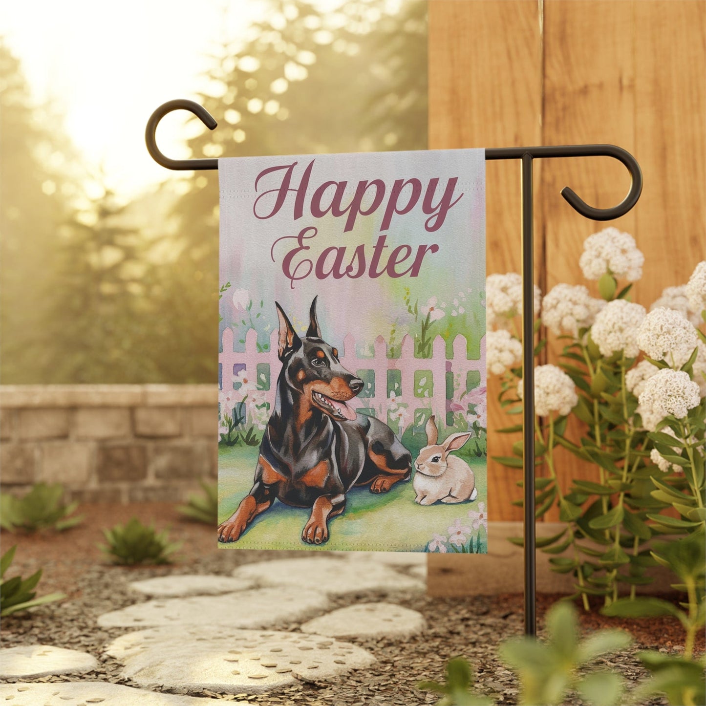 Printify Home Decor Easter Doberman Garden Flag, Spring Gift for Gardener, Front Yard Floral Decor, Housewarming Gift