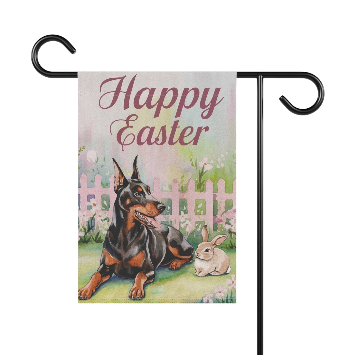 Printify Home Decor Easter Doberman Garden Flag, Spring Gift for Gardener, Front Yard Floral Decor, Housewarming Gift
