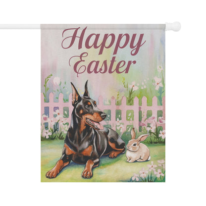 Printify Home Decor 24.5'' × 32'' Easter Doberman Garden Flag, Spring Gift for Gardener, Front Yard Floral Decor, Housewarming Gift