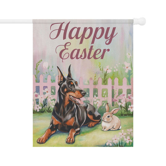 Printify Home Decor 24.5'' × 32'' Easter Doberman Garden Flag, Spring Gift for Gardener, Front Yard Floral Decor, Housewarming Gift