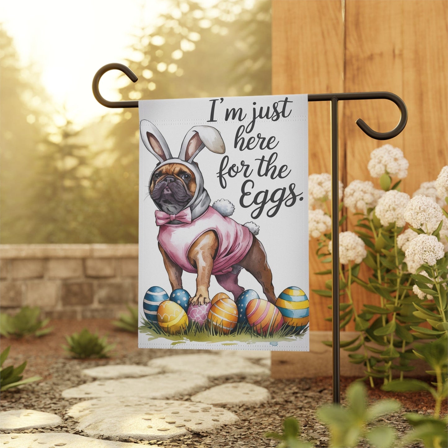 Printify Home Decor Easter Fawn Brown French Bulldog Dog Yard Flag, Funny Garden Flag, Spring Lawn Decor