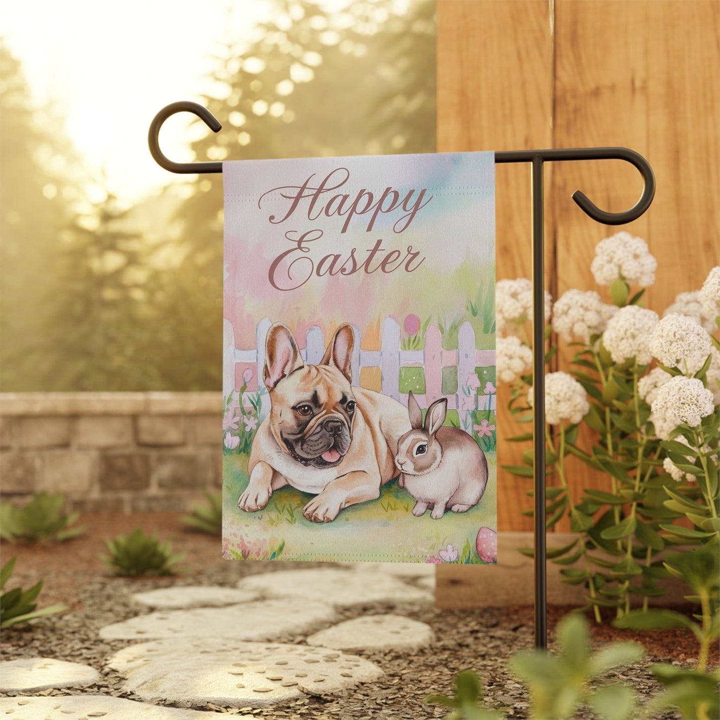 Printify Home Decor Easter Fawn French Bulldog Garden Flag, Spring front yard decor, Gardener Gift