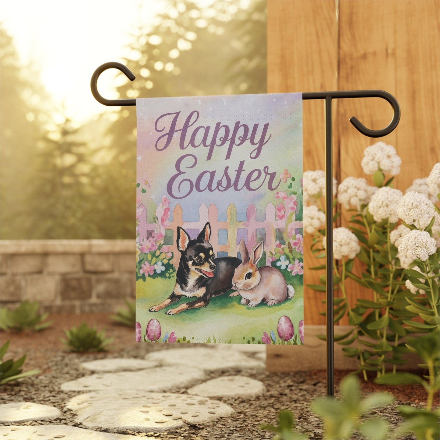 Printify Home Decor Easter Garden Black and Tan Chihuahua, Festive Spring Garden Flag, Front Yard Decor, Gardener Gift